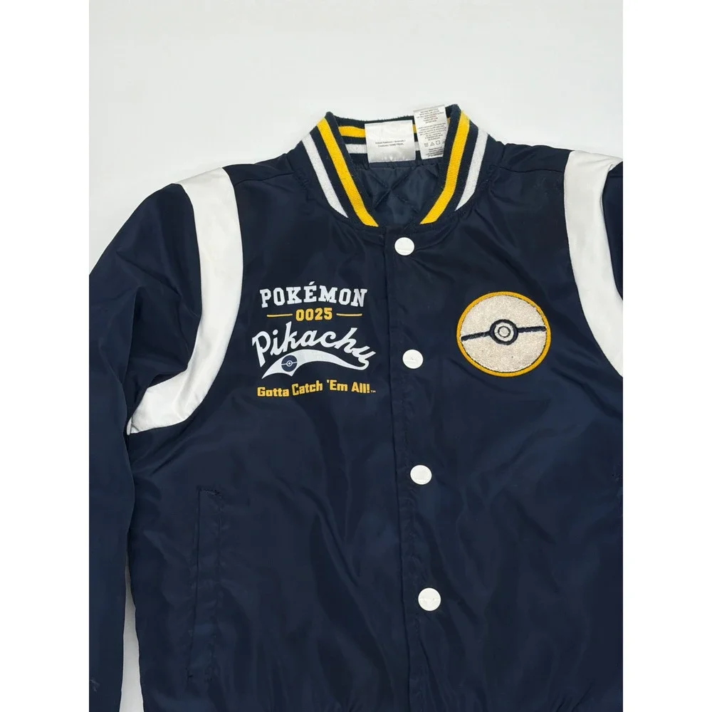 Pokemon‎ Pikachu Kids Varsity Bomber Jacket Navy Blue Snap Front Quilted Small